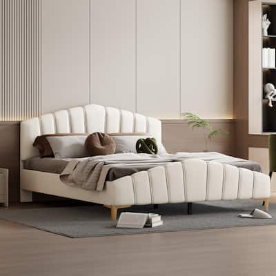 Roomfitters Queen Size Velvet Platform Bed with Thick Fabric, Stylish Stripe Decorated Bedboard and Elegant Metal Bed Leg