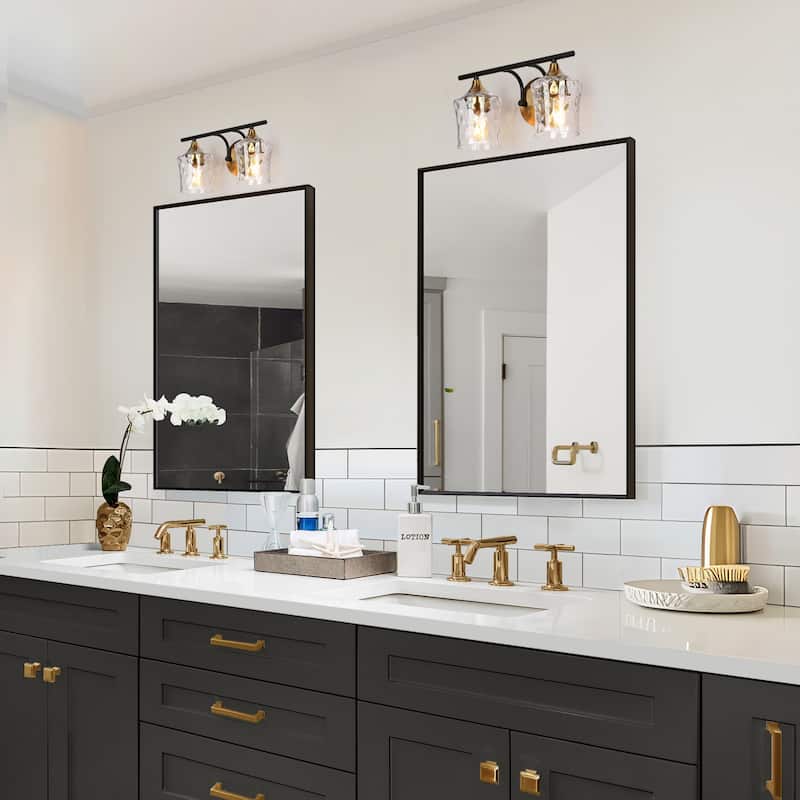 Modern 2-Light Black Gold Bathroom Vanity Lights with Hammered Glass Shades - L 14"x W 7"x H 7"