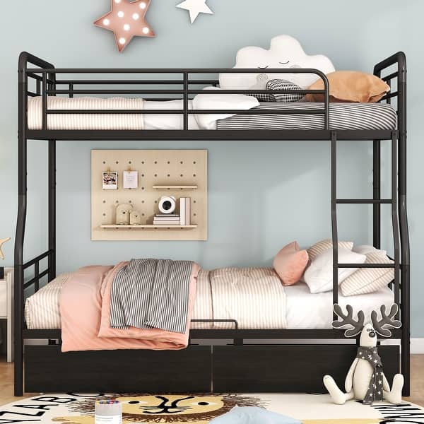 slide 2 of 28, Contemporary Full XL over Queen Metal Bunk Bed with 2 Drawers, Black Black