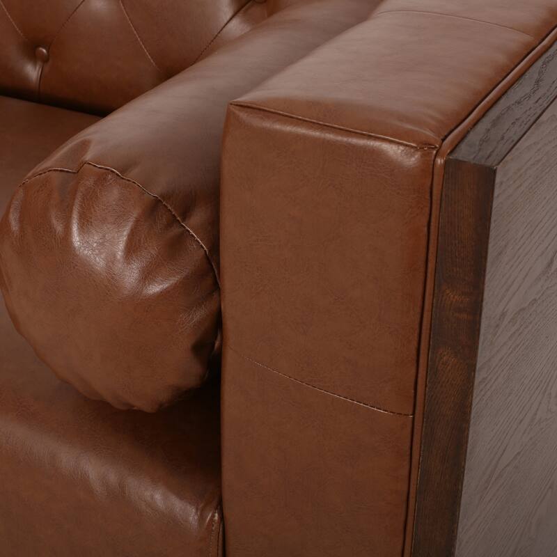 Light Brown 90" Faux Leather Button Tufted 3-seater Sofa with Birch Wood Legs for Living Room