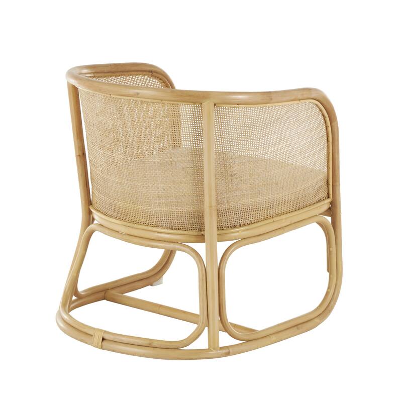 Light Brown Rattan Woven Rounded Living Room Accent Chair with White Fabric Cushion