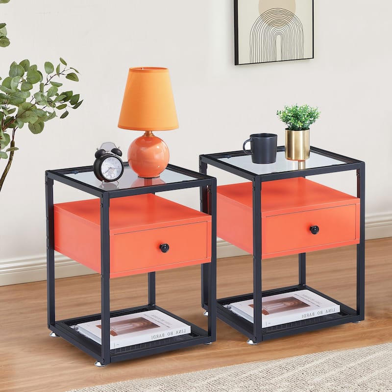 VECELO Modern Square Nightstands Set of 2 with Tempered Glass Top