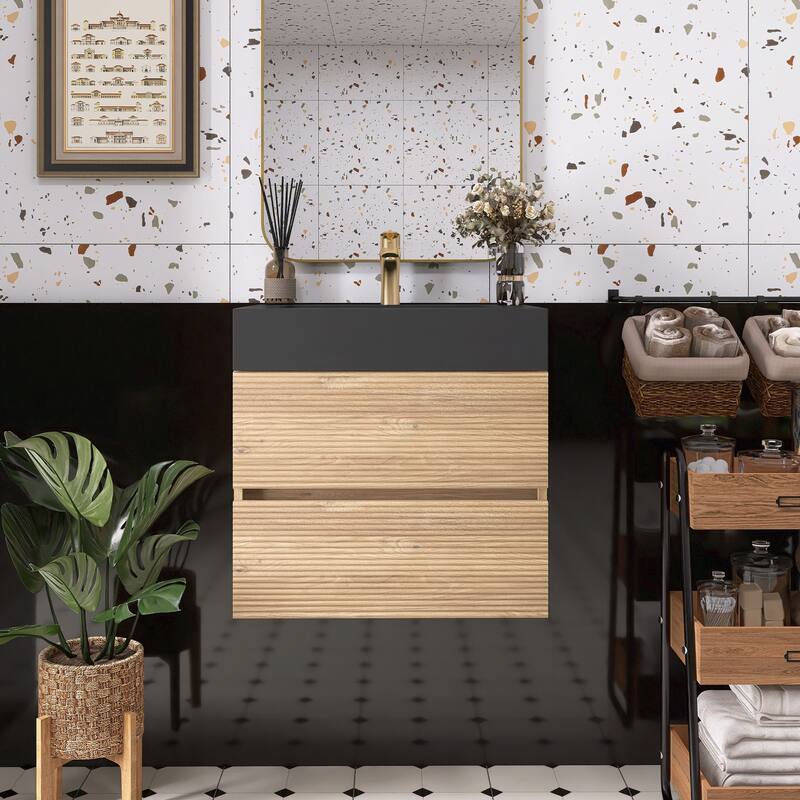 Wall Mounted Bathroom Vanity with Solid Surface Sink and Soft Drawers - 24.03'' x 18.12'' x 25.29'' - Oak and Black