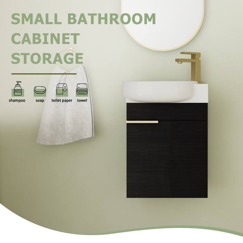 Malwee 16" Floating Bathroom Vanity, Mini Wall Mounted Bathroom Vanity with Ceramic Sink and Soft Close Door