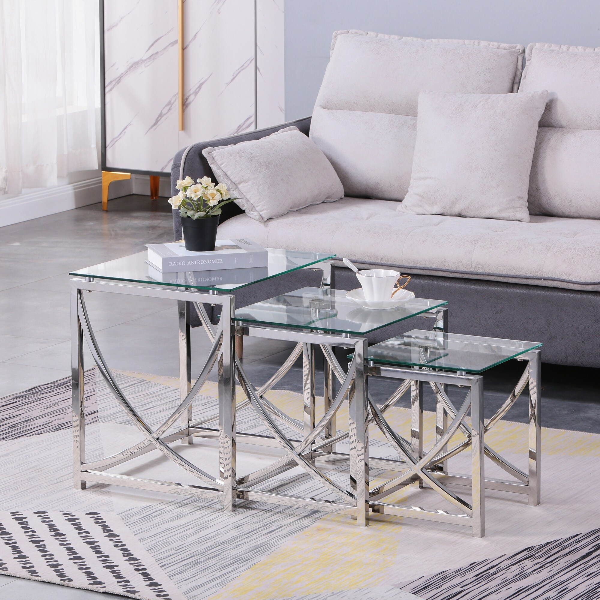 Clihome 3 Pieces Silver Nesting Glass Coffee End Tables for Living Room