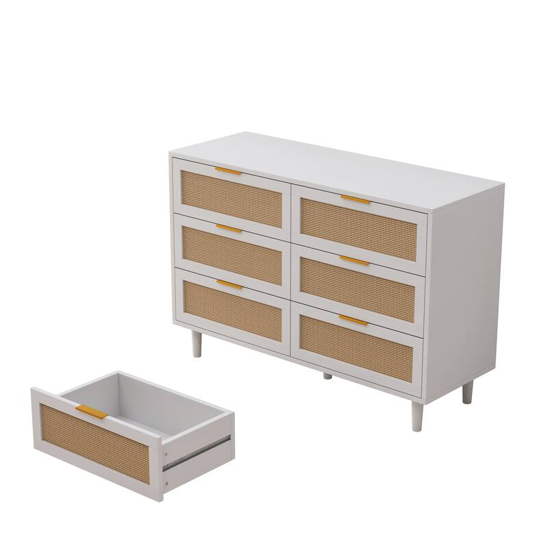43.31" Rattan Chest of Dresser with Storage, 6 Drawer Dresser for Bedroom, White