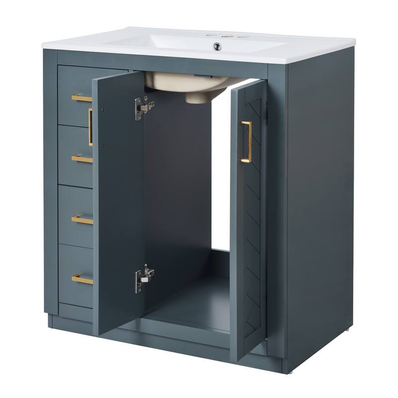 30" Modern Bathroom Vanity Combo with Ceramic Sink, Solid Wood Frame, 3 Drawers, Storage Cabinet