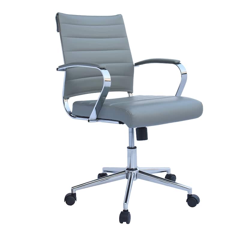 Black Office Chairs Mid Back Ribbed PU Leather Executive Task Work Conference With Arms Wheels Tilt Swivel Rolling - Gray