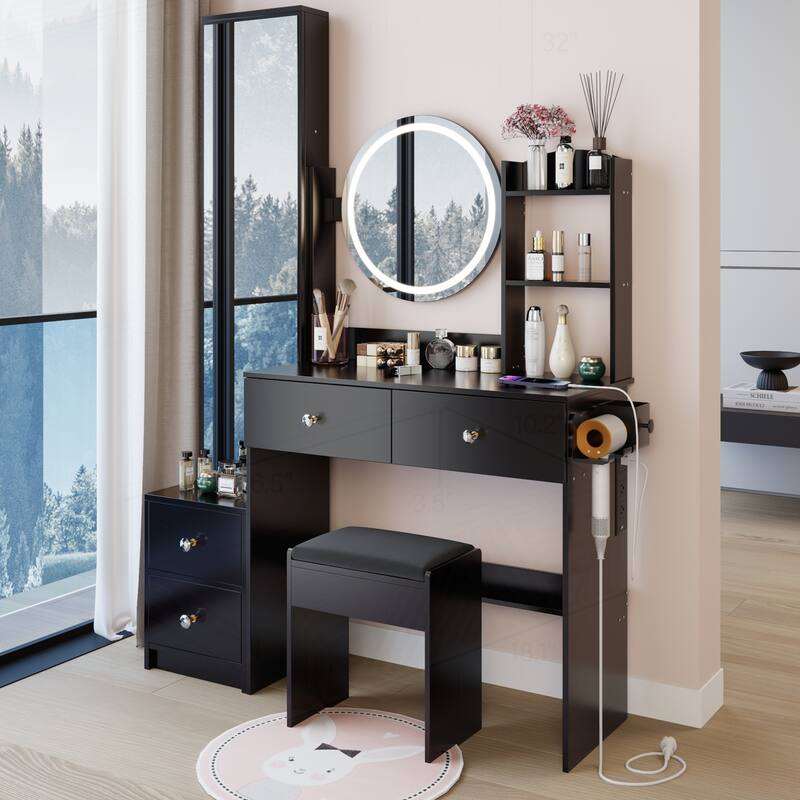 Versatile Vanity Table Set with LED Mirror and Multiple Power Ports