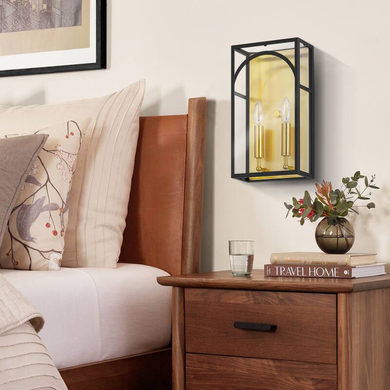 2-Light Modern Industrial Rectangular Lantern Cage Clear Glass Wall Sconce - 7.8 in. W x 13.9 in. H x 3.7 in. D