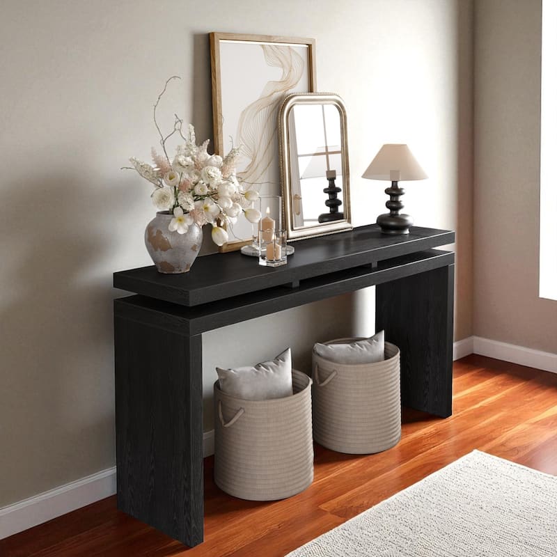 60'' Farmhouse Console Table with Double Board Suspension Design, Retro Solid Wood and MDF Entryway Table - Black