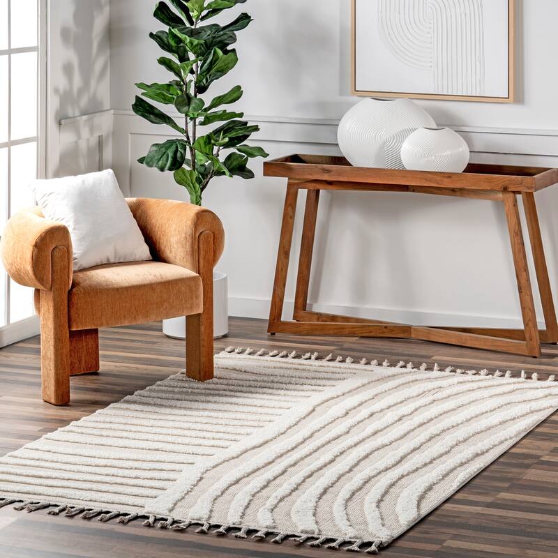 Nuloom Ianthe Abstract Stripes High-Low Tasseled Area Rug - 8' x 10' - Beige - Rectangle