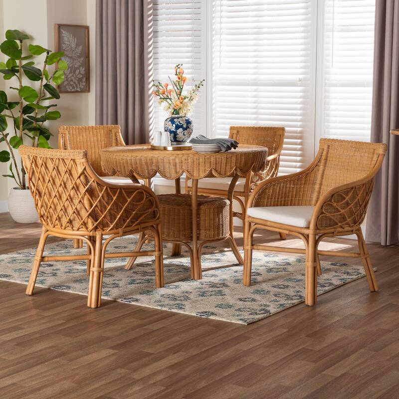Tudor 5-Piece Rattan Dining Set - Round Wicker Table with Scallop Edge and 4 Armchairs, Handwoven Boho Coastal Style for Dining