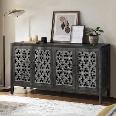 4-Door Wooden Storage Cabinet with Floral Pattern Design