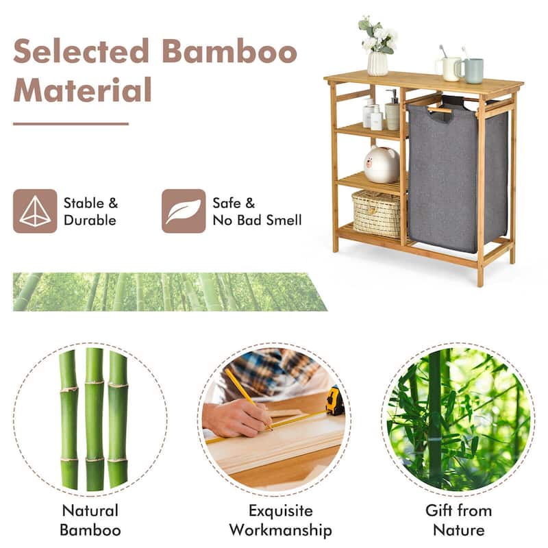 Gymax Laundry Hamper Basket Table Bamboo w/Storage Shelves and Sliding