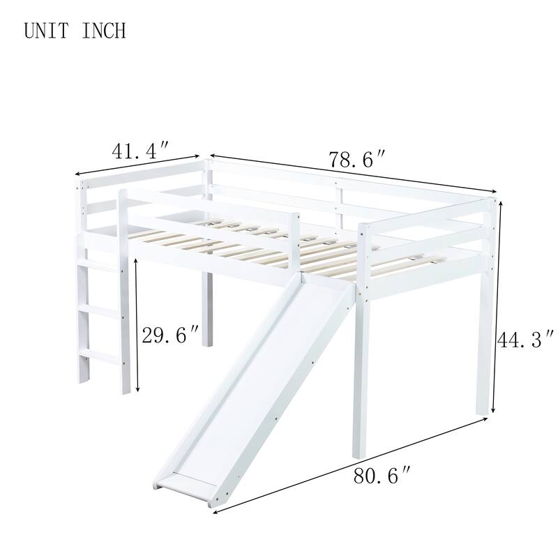 Twin Low Loft Bed with Slide and Ladder, Solid Rubber Wood Loft Bed with Guardrails and Underbed Play or Storage Space