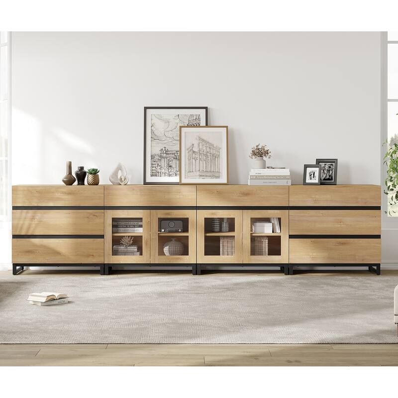 Dresser with Glass Doors, 4 in 1 Modern Chest of Drawers with Adjustable Shelves and 8 Drawers, Closet Organizers for Bedroom