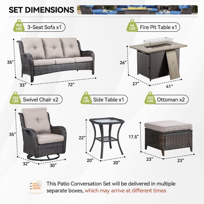 Gymojoy 7-Piece Outdoor Furniture Sofa Set with 2 Swivel Chairs, 2 Ottomans, End Table & 55K BTU Fire Pit Table