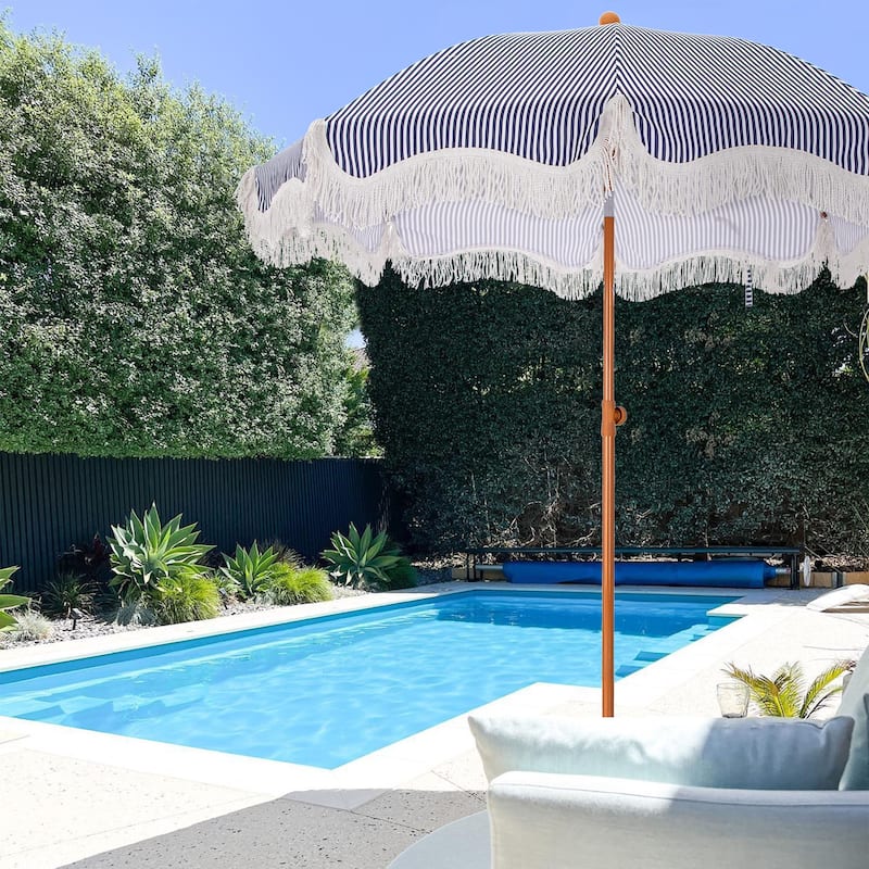 MAISON ARTS 7ft Patio Fringe Umbrella Outdor Tassel Beach Umbrella with Push Botton Tilt UPF50+