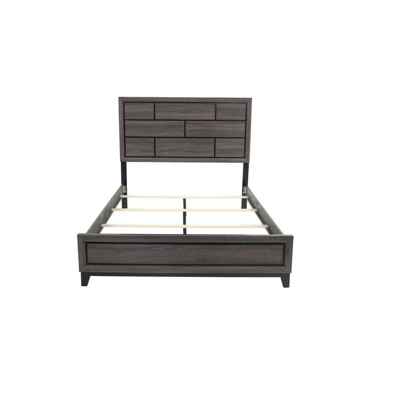 Contemporary Queen Panel Bed with Box Design Headboard, Rubberwood Frame, and Modern Transitional Style