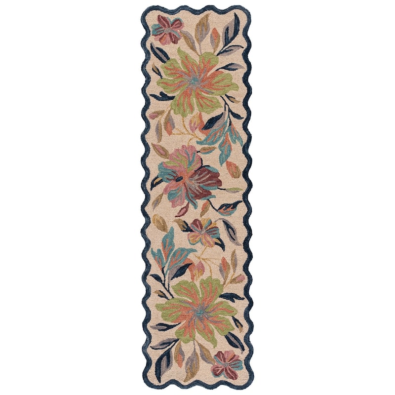 SAFAVIEH Handmade Jardin Floral Wool Rug - 2'3" x 8' Runner - Ivory/Blue