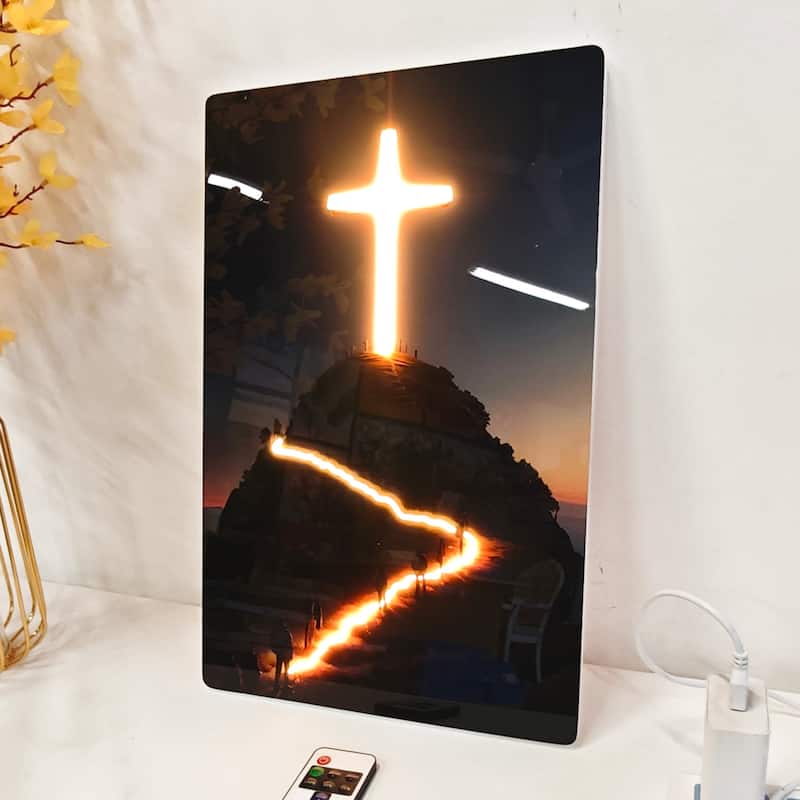 Christian Cross LED Wall Art - Acrylic UV Printed Light Up Religious Picture with Remote Control