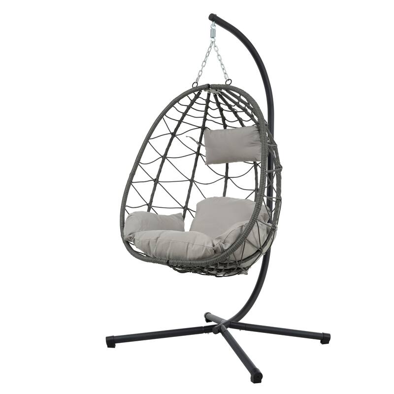 Egg Chair Basket Chair with Water-Resistant Cushions, Outdoor Swing Chair Patio Wicker Hanging with Stand - Gray+Beige