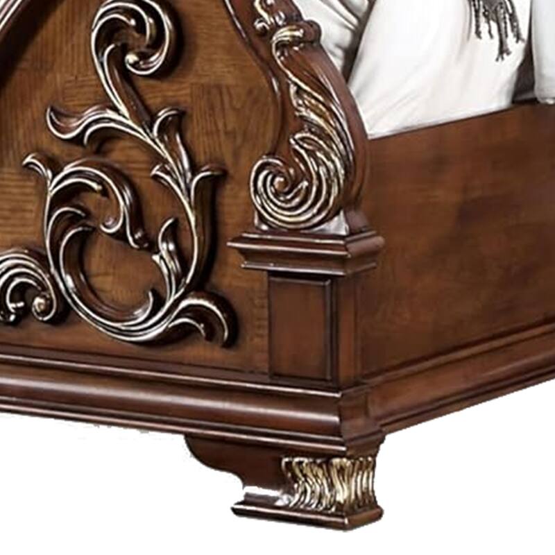 Prio King Bed w Carved Details, Brown Button Tufted Faux Leather, Brown
