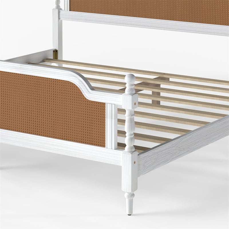 Rattan and Mid-Century Modern Queen Bed Frame with Headboard & Footboard