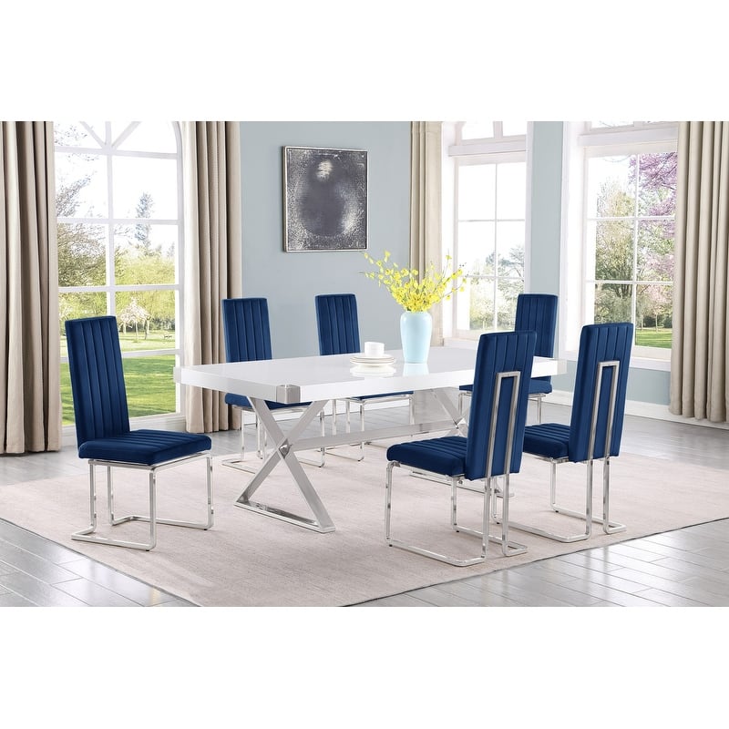 Best Quality Furniture D440/1-SC340-7 Dining Set with 78" White Lacquer Wood Top - 7-Piece - Navy Blue / Silver