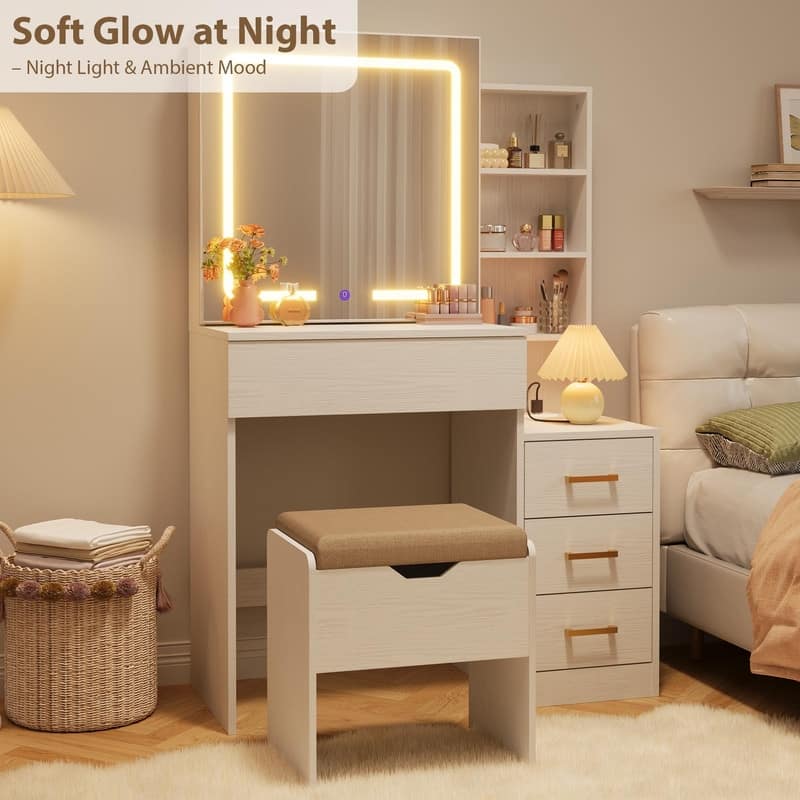 Vanity Desk with Sliding Mirror, LED Lights, Storage Drawers, Charging Station, Stool