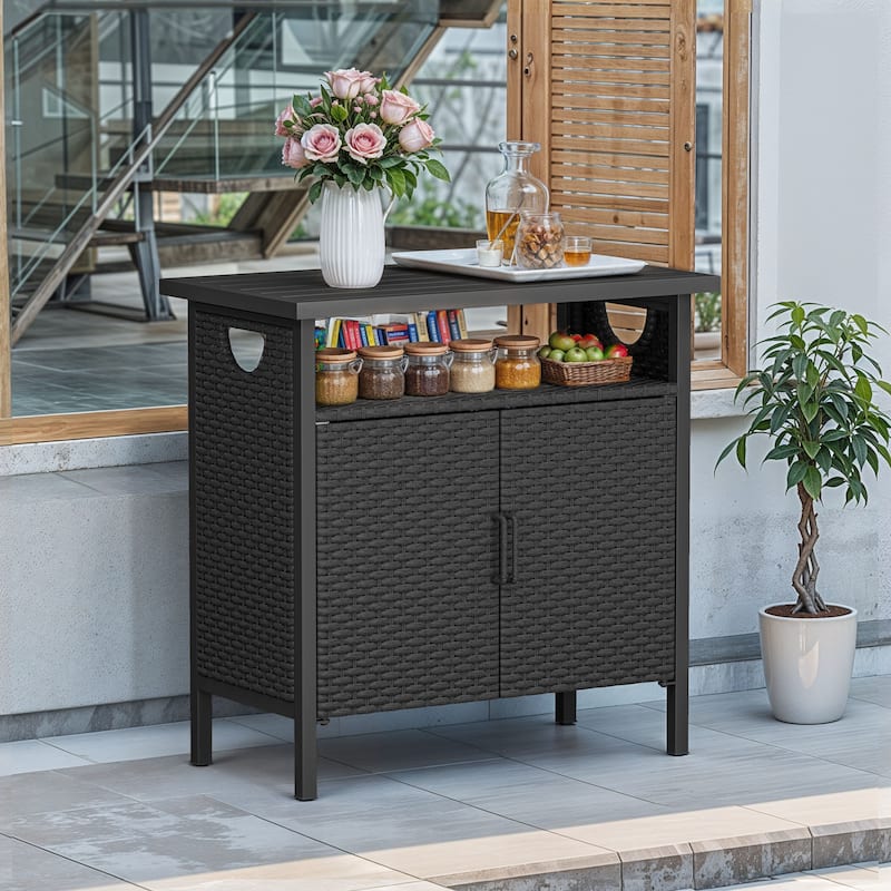 Moasis Outdoor Wicker Bar Table Ratten Storage Cabinet with 2 Doors and Shelves - Black