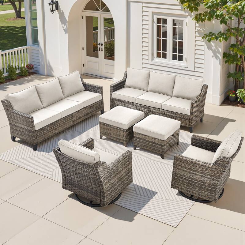 Pocassy 6-Piece Sofa Swivel Chair w/ Ottoman Set - Beige Cushion Gray Wicker - 6-Piece Sofa Swivel Chair w/ Ottoman Set
