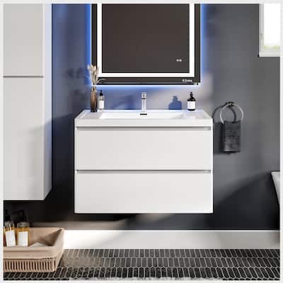 Glazzy 36" White Wallmount Bath Vanity with Integrated Acrylic Top