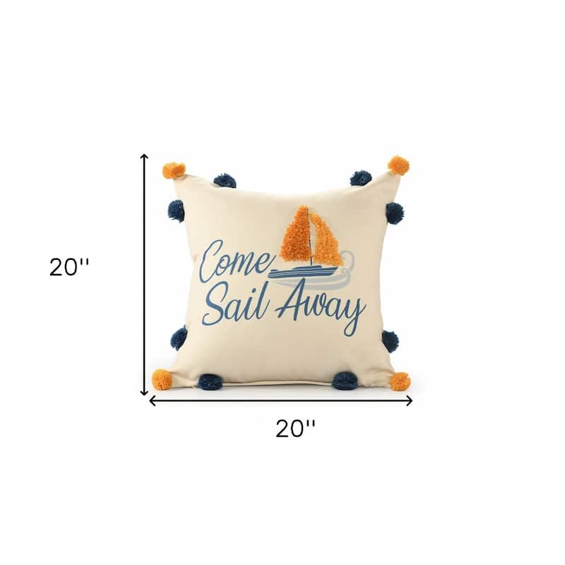 HomeRoots 20" Natural Blue And Orange Come Sail Away Throw Pillow With Pompoms And Texture