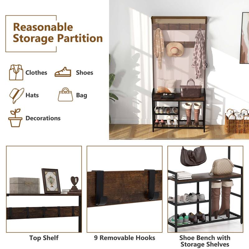 71'' Coat Rack Hall Tree w/ Shoe Bench Entryway Storage Shelf w/ Hooks