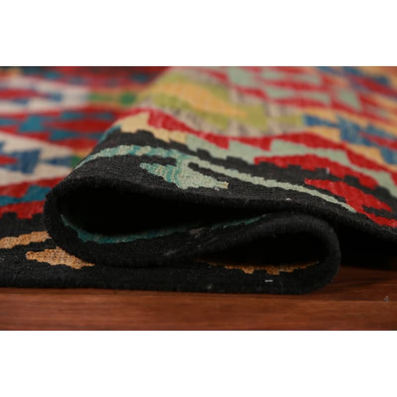 Hand Woven Oriental 100% Wool Carpet Southwestern Geometric Multi-Colored Kilim Runner Rug - 12' 9'' X 2' 9''