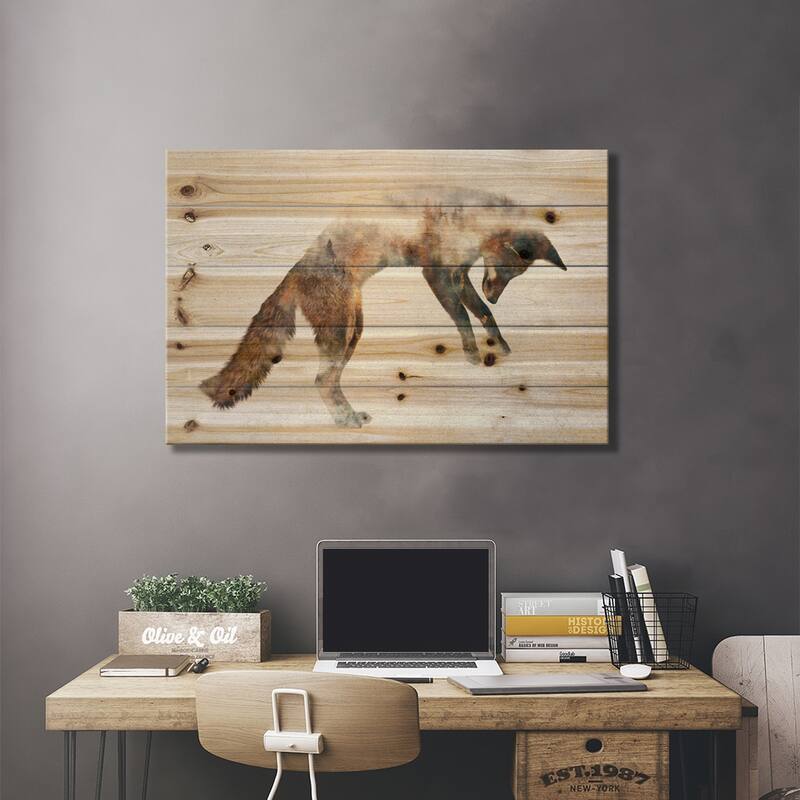 Jumping Fox Print On Wood by Andreas Lie - Multi-Color