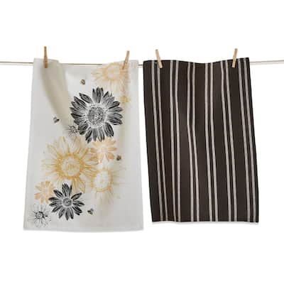 Set of 2 Black and Yellow Sunflower Print with Coordinating Black Stripe Cotton Kitchen Dishtowels 26L x 18W in. - Multi