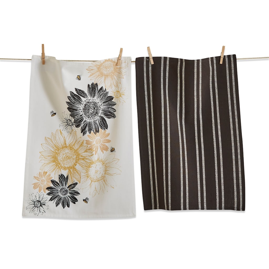 Set of 2 Black and Yellow Sunflower Print with Coordinating Black Stripe Cotton Kitchen Dishtowels 26L x 18W in. - Multi