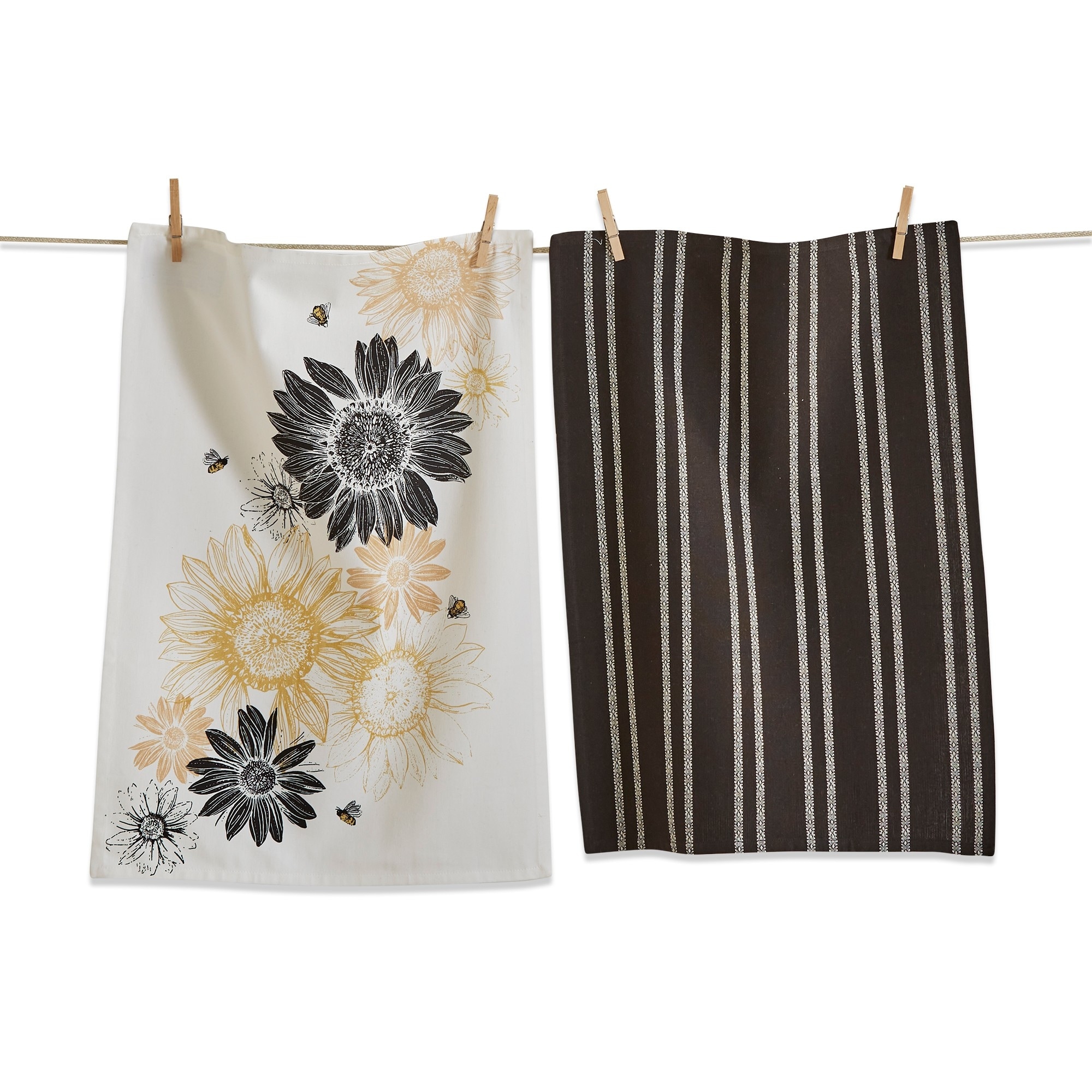 Set of 2 Black and Yellow Sunflower Print with Coordinating Black Stripe Cotton Kitchen Dishtowels 26L x 18W in.