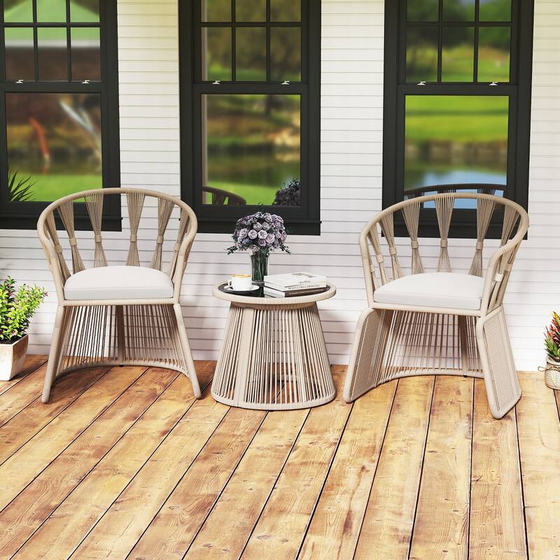3 Piece Beige Rope Woven Metal Patio Bistro Set with Off White Cushions and Table - Chair: 27.5" x 25.5" x 31" (L x W x H)