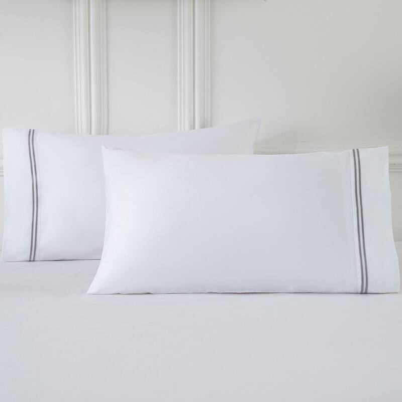 Luxury 400TC Cotton Pillowcases, Hotel-Style Embroidered 2 Pack, 20x30", Navy & Gray - Grey