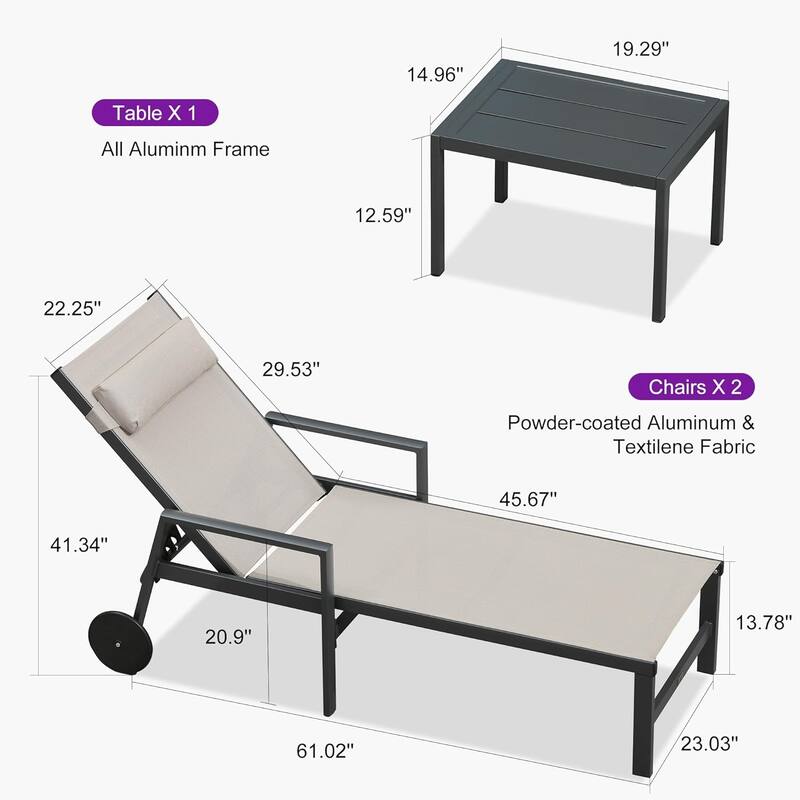 PURPLE LEAF Lounge Chair Set for Outside Aluminum Patio Recliner with Side Table and Pillow Beach Sunbathing Tanning Chairs
