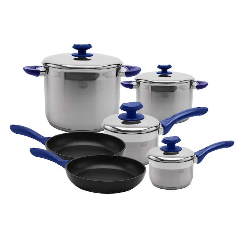 YBM Home 18/10 Tri-Ply Stainless Steel Cookware Set Induction Compatible - 10 Pieces - 1q,3.5q,5q,7q  - Blue
