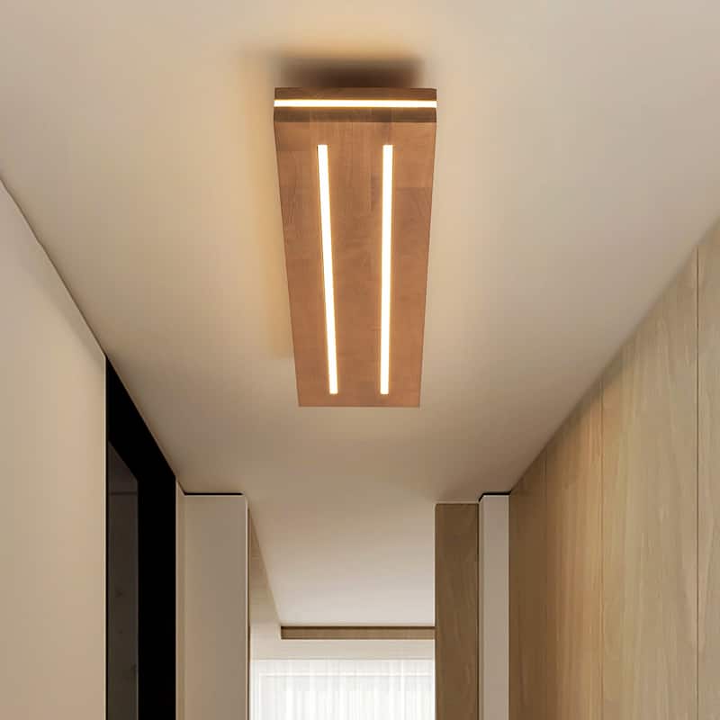 31.5 in. Farmhouse Brown Rectangular Wood LED Flush Mount Ceiling Light - 31.5 in. W x 7.48 in. H x 7.87 in. D