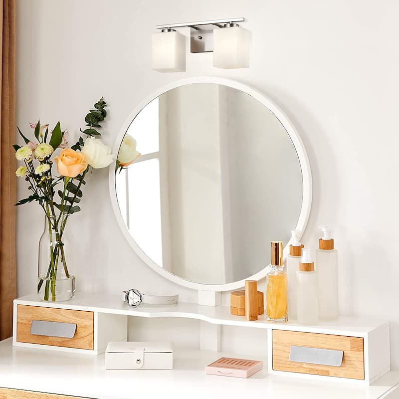 Brushed Nickel Indoor Bathroom Vanity Lights with Etched White Glass Square Rectangle Shades
