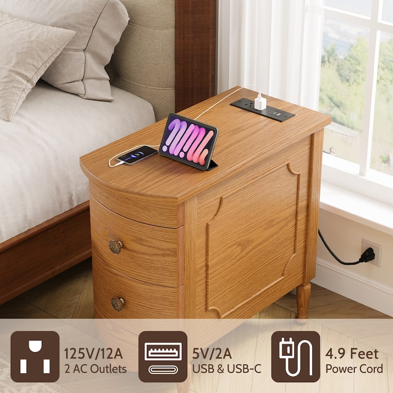 Rossetta Vintage Style Slim Narrow End Table with Convenient Charging Station and Deep Drawers, Easy Assembly