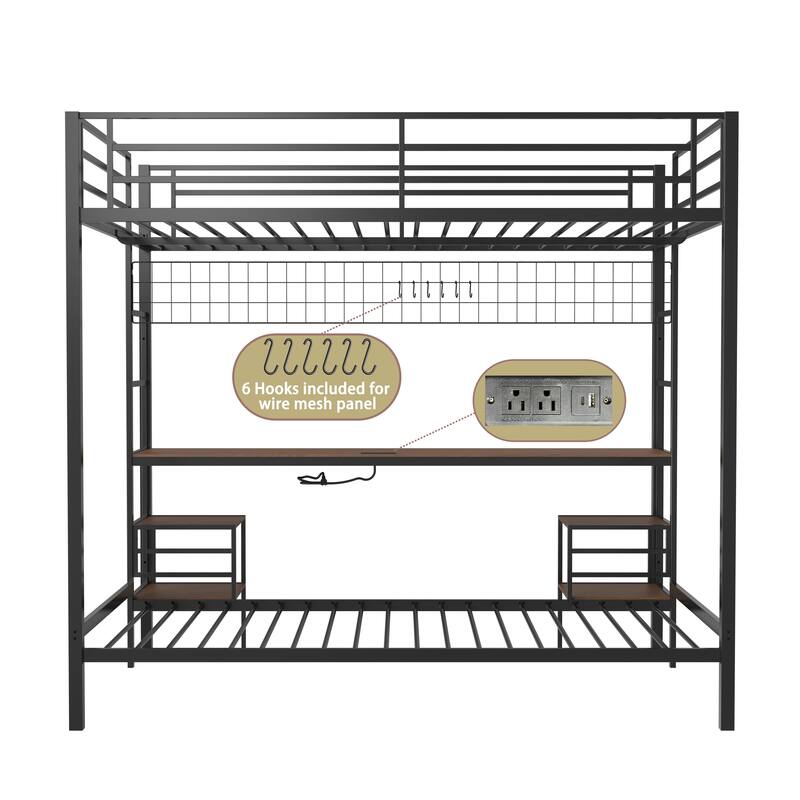 Full Over Twin Bunk Bed with Desk and Charging Station and Shelves and Metal Wire Mesh Panel with Hooks,Safety Guard & Stairs