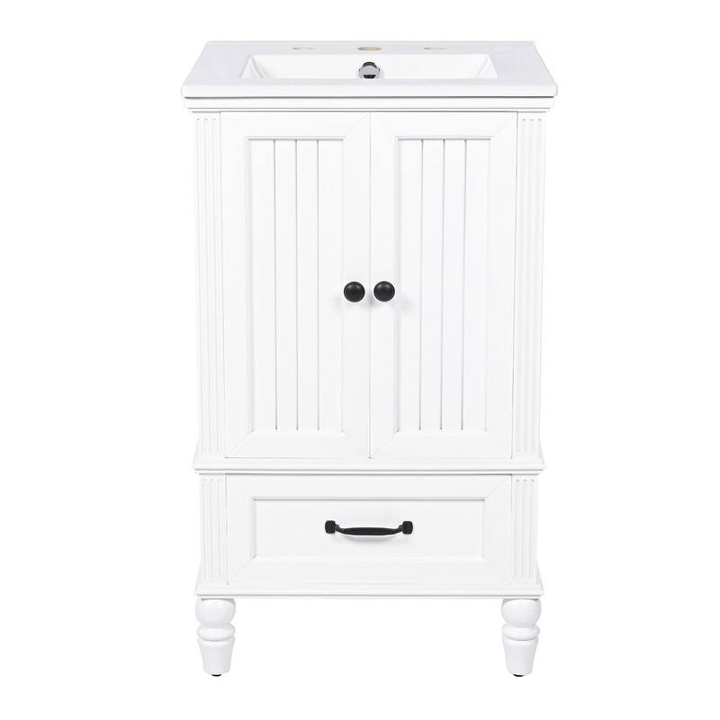 20" Bathroom Vanity with Ceramic Sink Top, Freestanding Bathroom Vanity Cabinet with 2 Doors and 1 Storage Drawer